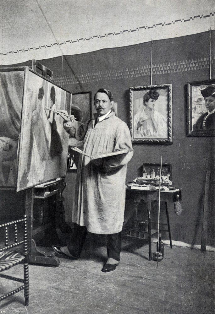 Il pittore Camillo Innocenti nel suo studio